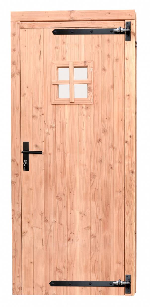 Woodvision | Douglas enkele deur met raam | Zwart beslag | R | 90 x 201 cm | Kleurloos geïmpregneerd