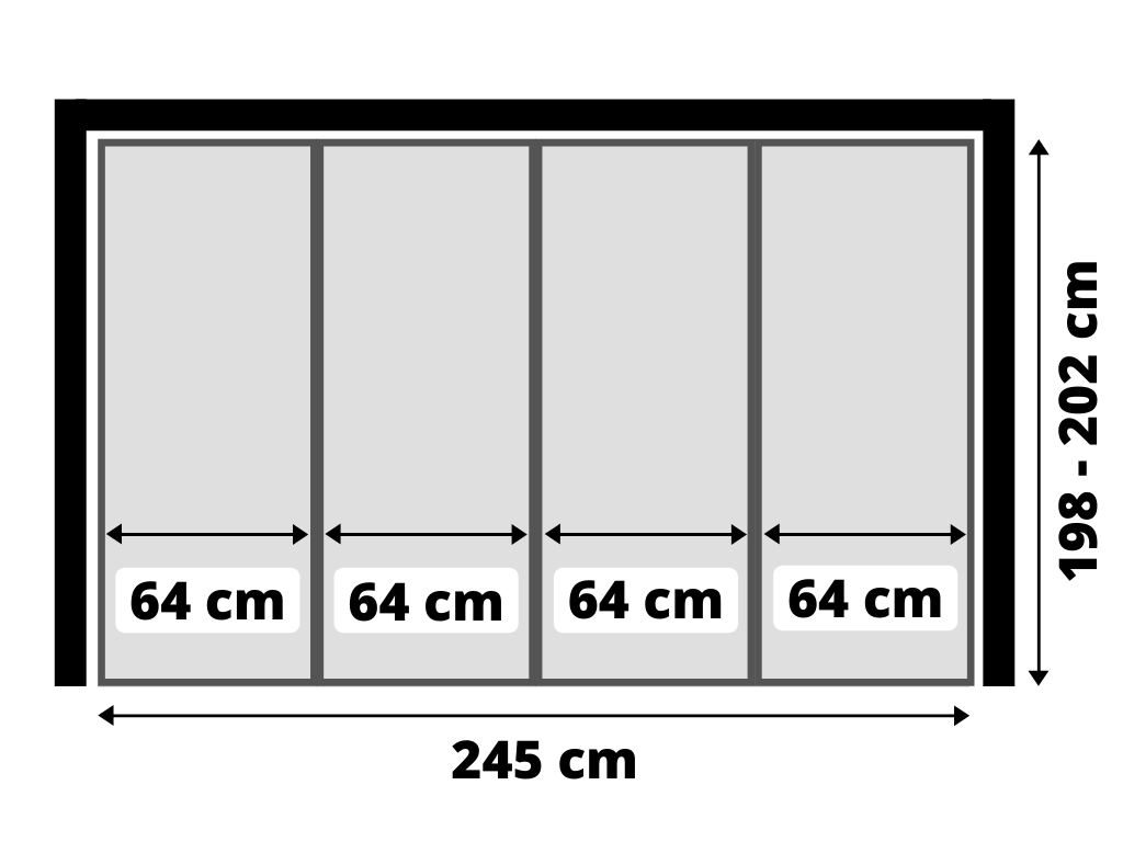 Glazen schuifwand | 245 (b) cm | 200 cm (h) | 4 Glaspanelen (64 cm)