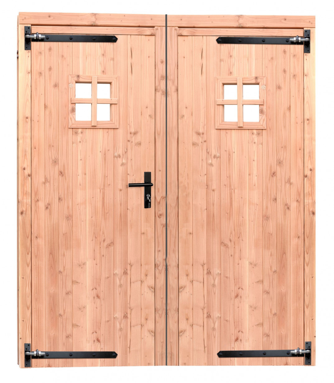 Woodvision | Douglas dubbele deur met raam | Zwart beslag | 168 x 201 cm | Kleurloos geïmpregneerd